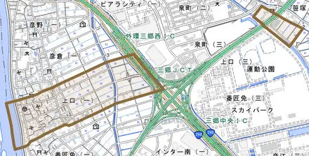 上口とその周辺の地図。町の範囲を重ねている