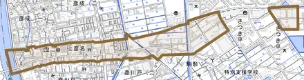 上彦名とその周辺の地図。町の範囲を重ねている