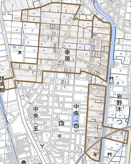 幸房とその周辺の地図。町の範囲を重ねている