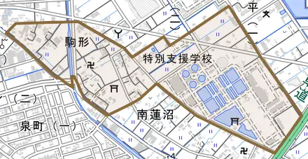 駒形とその周辺の地図。町の範囲を重ねている