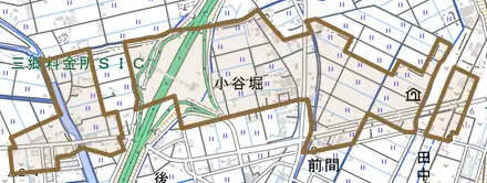 小谷堀とその周辺の地図。町の範囲を重ねている