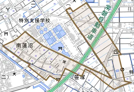南蓮沼とその周辺の地図。町の範囲を重ねている