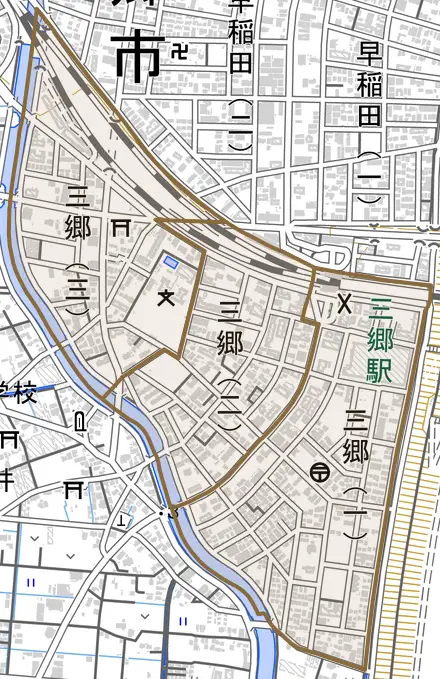 三郷とその周辺の地図。町の範囲を重ねている