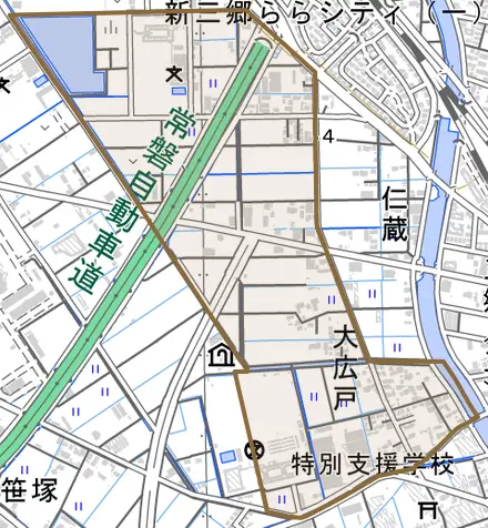 大広戸とその周辺の地図。町の範囲を重ねている