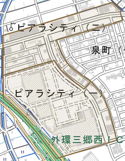 ピアラシティとその周辺の地図。町の範囲を重ねている