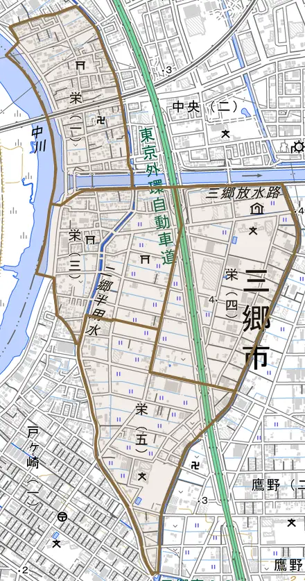 栄とその周辺の地図。町の範囲を重ねている