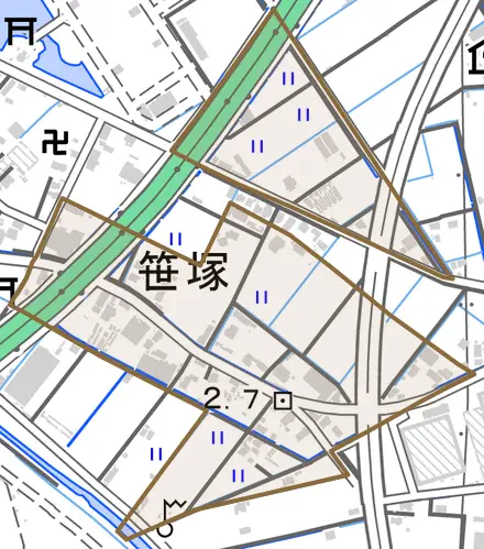 笹塚とその周辺の地図。町の範囲を重ねている