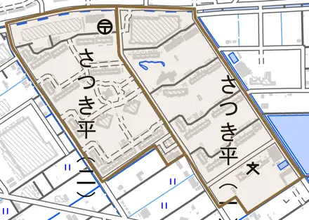 さつき平とその周辺の地図。町の範囲を重ねている