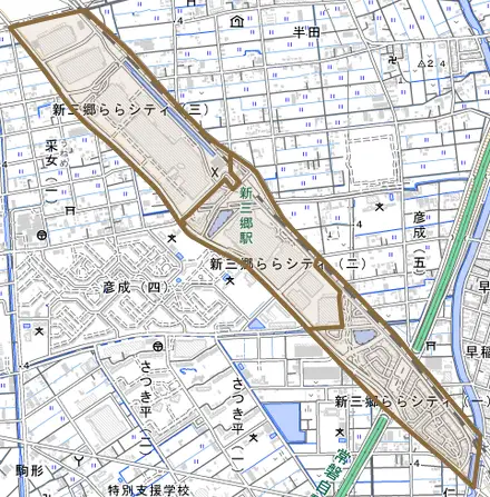 新三郷ららシティとその周辺の地図。町の範囲を重ねている