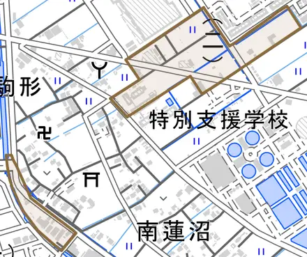 下彦川戸とその周辺の地図。町の範囲を重ねている