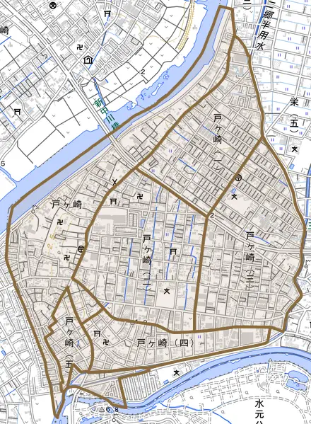 戸ケ崎とその周辺の地図。町の範囲を重ねている