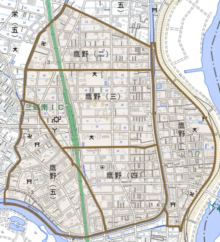 鷹野とその周辺の地図。町の範囲を重ねている