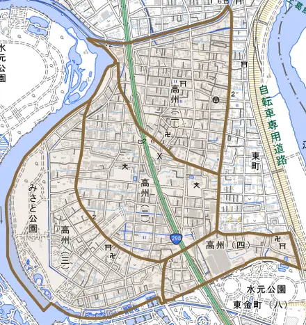 高州とその周辺の地図。町の範囲を重ねている