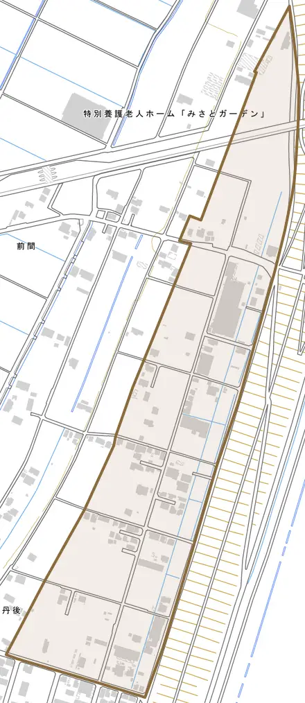 田中新田とその周辺の地図。町の範囲を重ねている