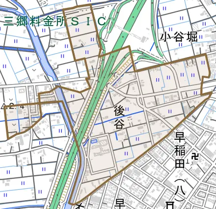 後谷とその周辺の地図。町の範囲を重ねている