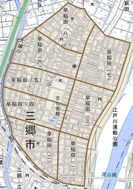 早稲田とその周辺の地図。町の範囲を重ねている