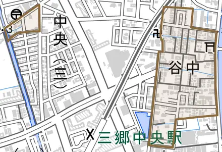 谷中とその周辺の地図。町の範囲を重ねている
