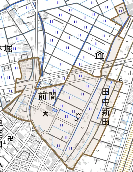 前間とその周辺の地図。町の範囲を重ねている