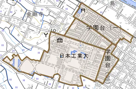 学園台とその周辺の地図。町の範囲を重ねている