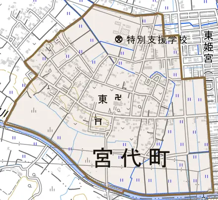 字東とその周辺の地図。町の範囲を重ねている
