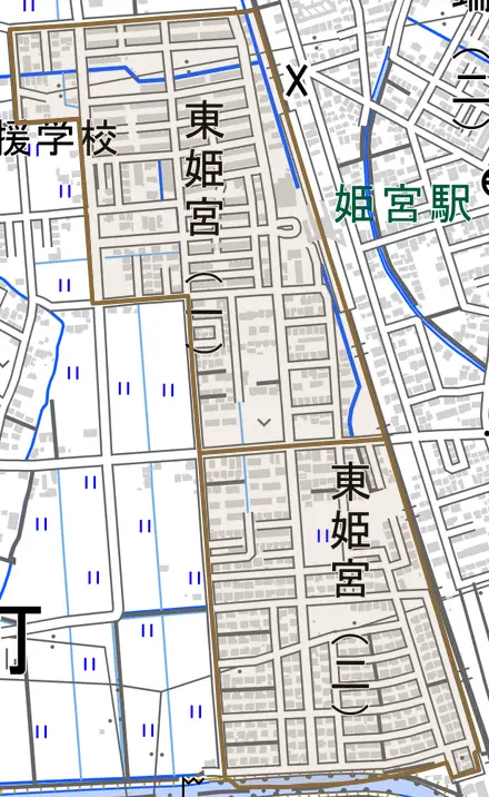 東姫宮とその周辺の地図。町の範囲を重ねている