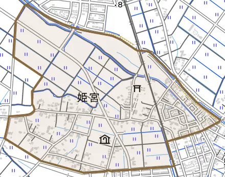 字姫宮とその周辺の地図。町の範囲を重ねている