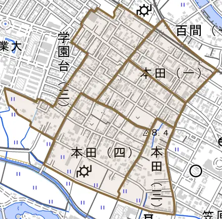 本田とその周辺の地図。町の範囲を重ねている