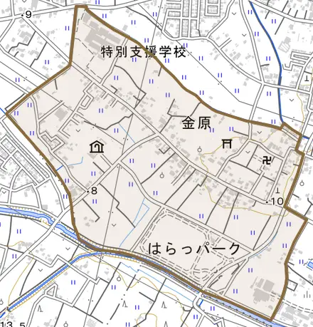 字金原とその周辺の地図。町の範囲を重ねている