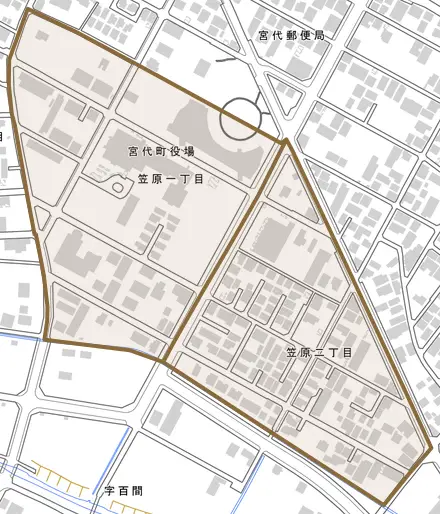 笠原とその周辺の地図。町の範囲を重ねている