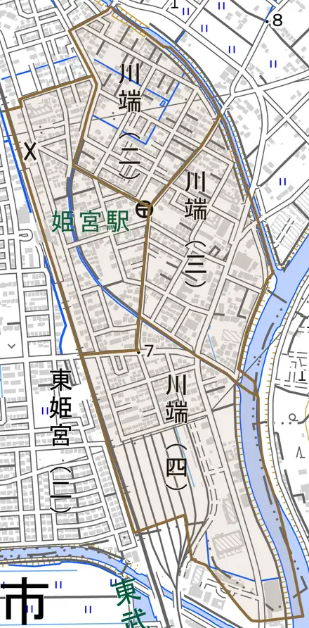 川端とその周辺の地図。町の範囲を重ねている