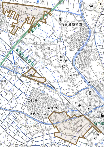 大字国納とその周辺の地図。町の範囲を重ねている
