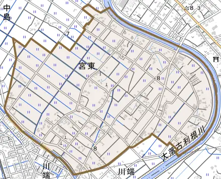 字宮東とその周辺の地図。町の範囲を重ねている
