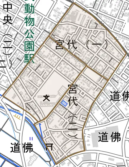 宮代とその周辺の地図。町の範囲を重ねている