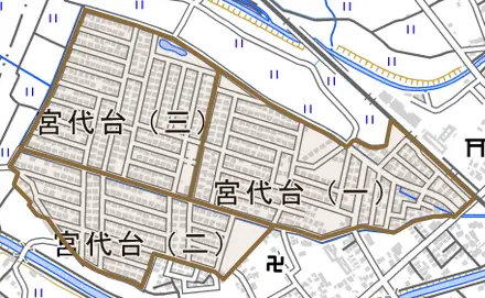 宮代台とその周辺の地図。町の範囲を重ねている