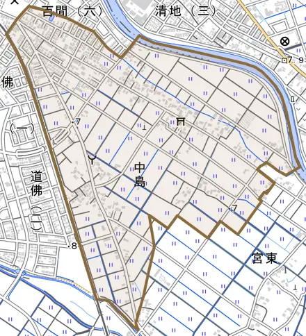 字中島とその周辺の地図。町の範囲を重ねている