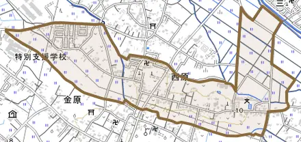 字西原とその周辺の地図。町の範囲を重ねている