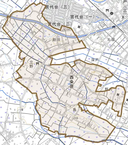 大字西粂原とその周辺の地図。町の範囲を重ねている
