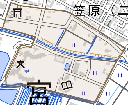 字百間とその周辺の地図。町の範囲を重ねている