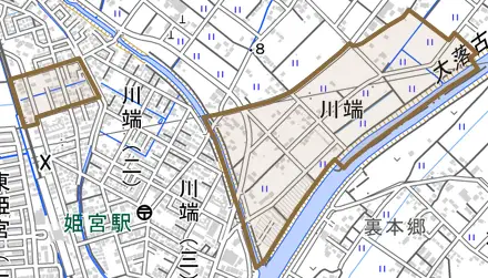字川端とその周辺の地図。町の範囲を重ねている