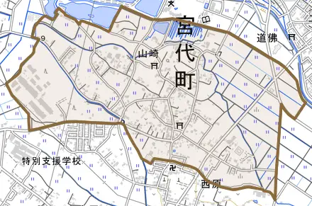 字山崎とその周辺の地図。町の範囲を重ねている