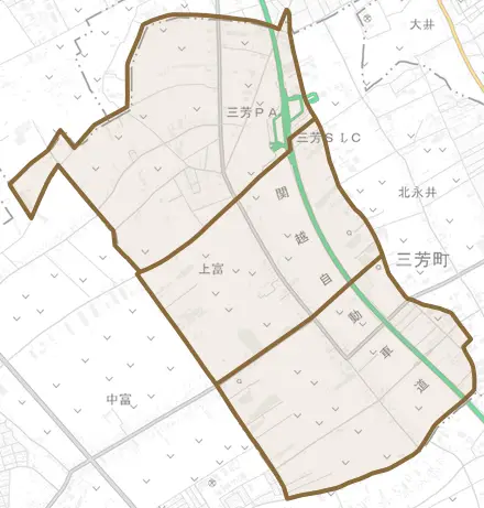 大字上富とその周辺の地図。町の範囲を重ねている