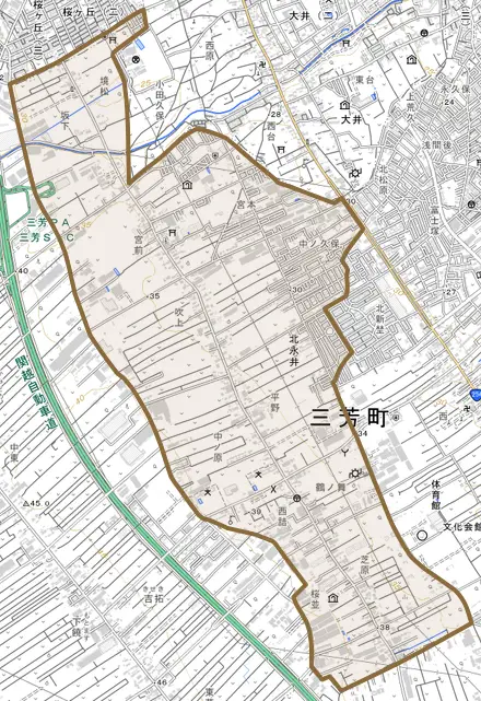 大字北永井とその周辺の地図。町の範囲を重ねている