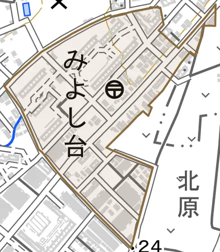 みよし台とその周辺の地図。町の範囲を重ねている