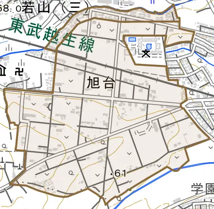 大字旭台とその周辺の地図。町の範囲を重ねている