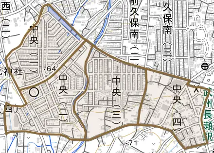 中央とその周辺の地図。町の範囲を重ねている