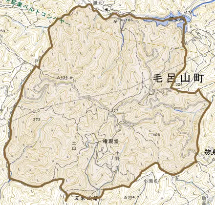 大字権現堂とその周辺の地図。町の範囲を重ねている