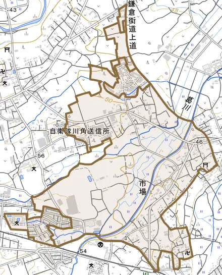 大字市場とその周辺の地図。町の範囲を重ねている