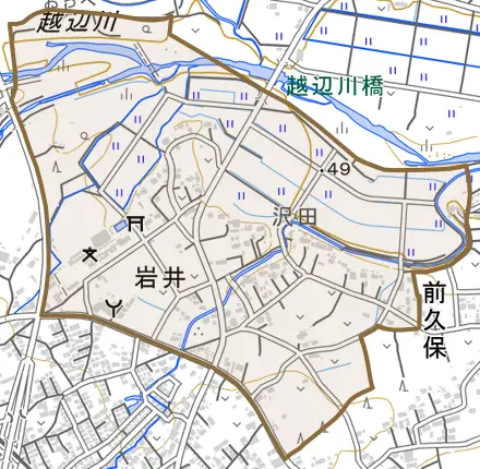 大字岩井とその周辺の地図。町の範囲を重ねている