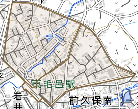 岩井東とその周辺の地図。町の範囲を重ねている