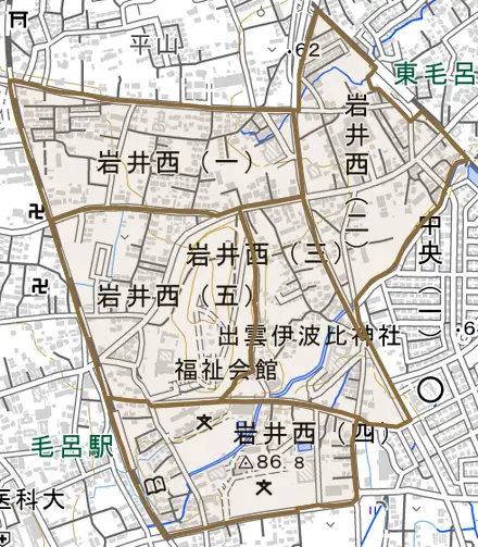 岩井西とその周辺の地図。町の範囲を重ねている